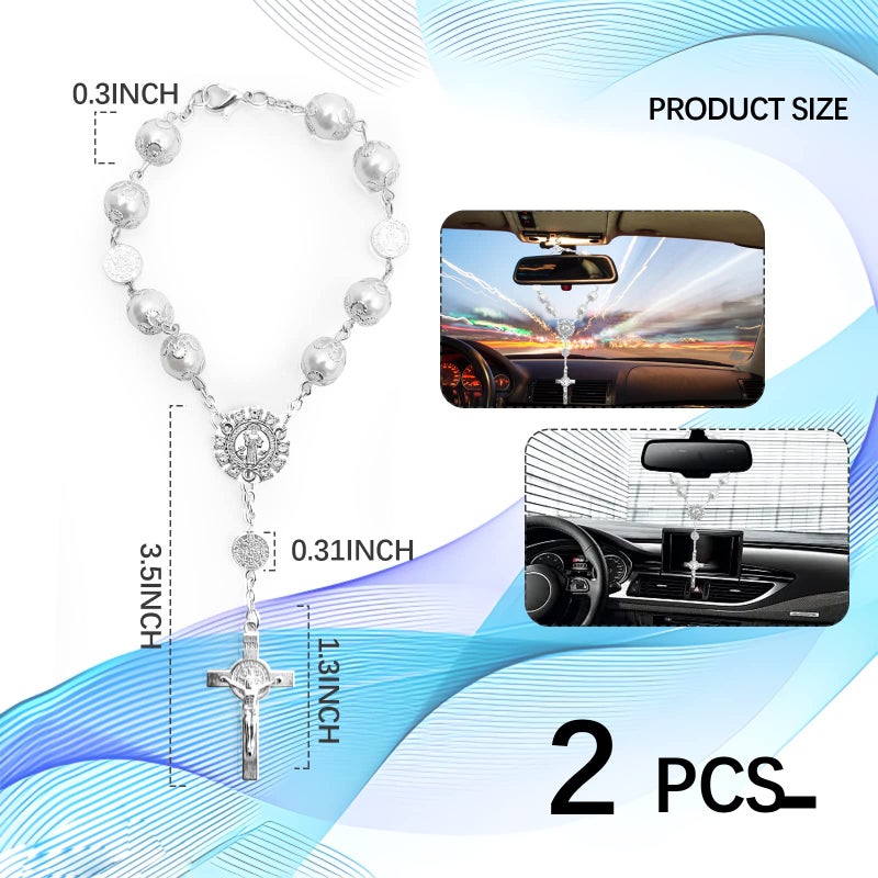 TEMI 2 Pieces Car Mirror Hanging Accessories Car Rosary with Cross Blessing Rosary  Beads Catholic for Woman Men Personalized Rearview Mirror Auto Rosary Hanging Accessories Interior Decors (White) - Image 2